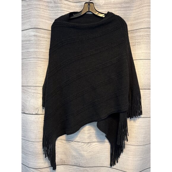 Black Knitted Fringe Poncho Shawl OS - Picture 1 of 2